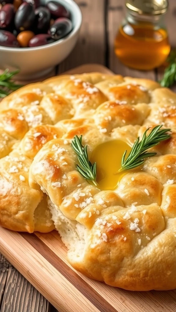 Golden honey focaccia bread topped with sea salt and rosemary on a wooden board.